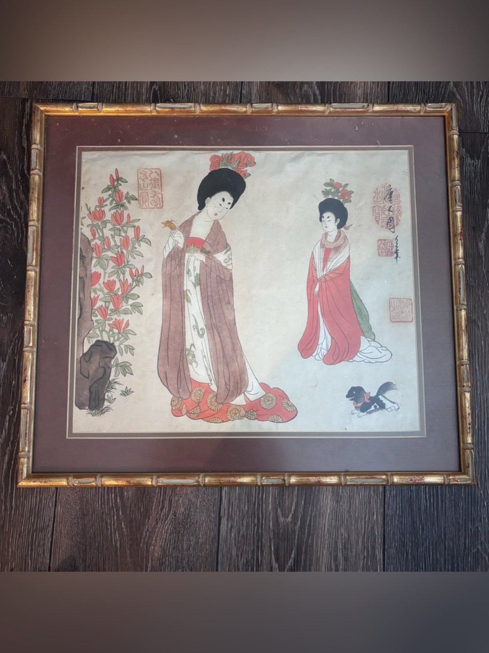 Vintage Hand-Painted Chinese Silk Painting Tang Dynasty Court Ladies Mid-century